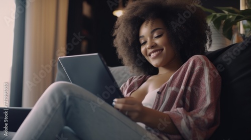 Happy young woman with tablet pc laying on sofa. Young happy woman lie down on bed and playing smart tablet at home. Beautiful young black women using tablet computer