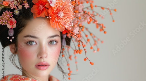 a close up of a woman with a flower in her hair.