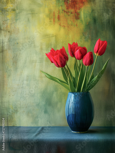red tulips in a blue vase sitting on a table with a distressed background