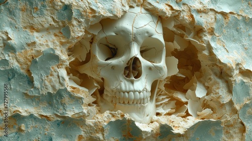 a human skull with a hole in the middle of it's head is seen through a crack in a rock wall.
