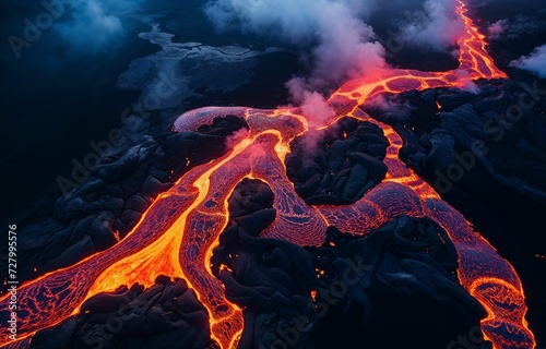 Red Orange vibrant Molten Lava flowing onto grey lavafield and glossy rocky land photo