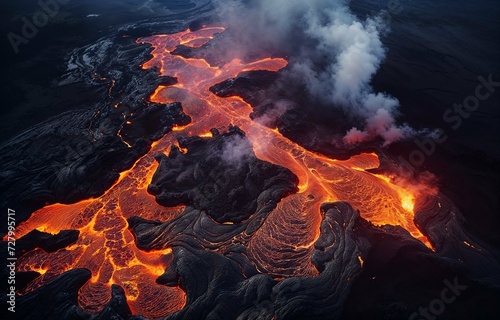 Red Orange vibrant Molten Lava flowing onto grey lavafield and glossy rocky land