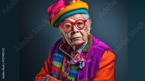 Old lady wearing colorful clothes in a studio environment. 