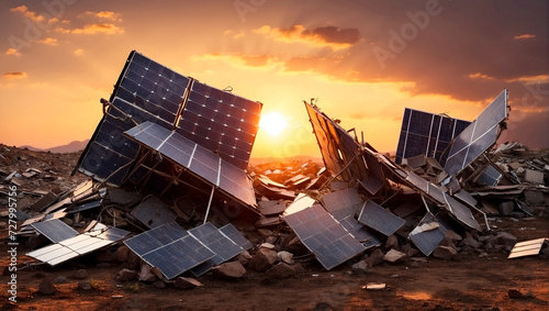 Solar panels in a landfill, broken and useless as the sun sets. Disposal problem photo