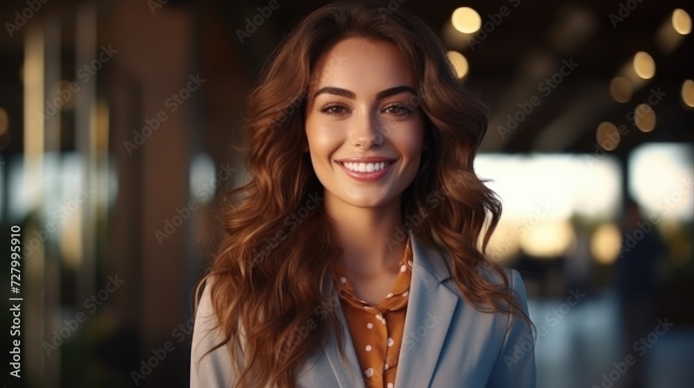 Smiling elegant confident young professional business woman , female proud leader, smart businesswoman lawyer or company manager executive looking at camera standing in office Smiling elegant confident young professional business woman , female proud leader, smart businesswoman lawyer or company manager executive looking at camera standing in office