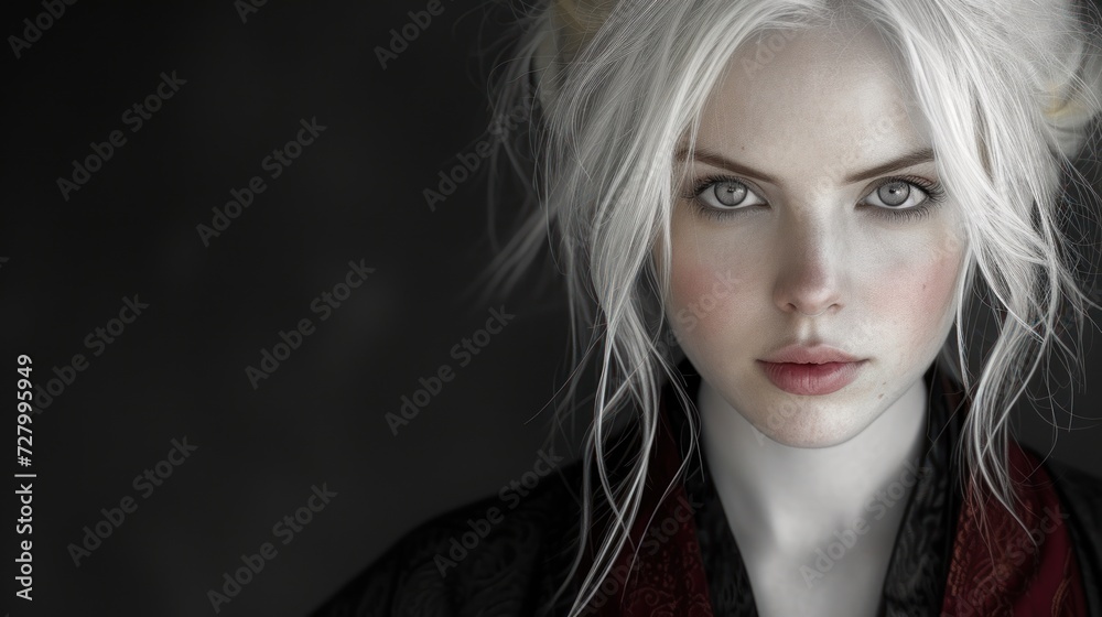 a close up of a person with white hair wearing red shirt and white background. a close up of a person with white hair wearing red shirt and white background.