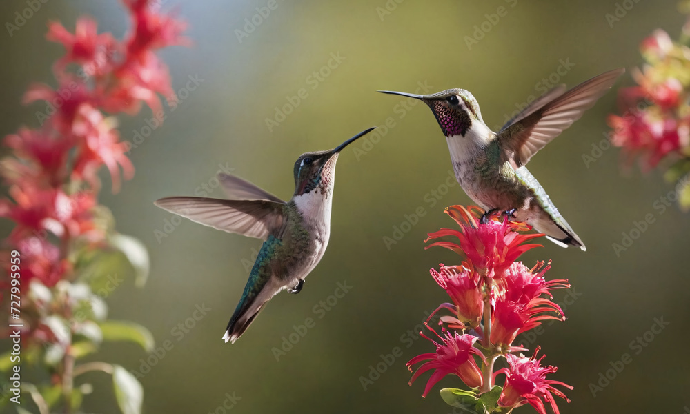 Fototapeta premium Two green and brown hummingbirds flying