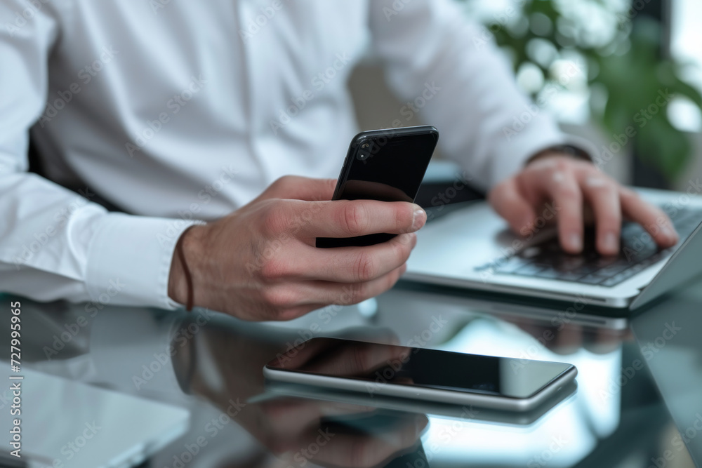A man in a white shirt is typing on a laptop while holding a cell phone A man in a white shirt is typing on a laptop while holding a cell phone