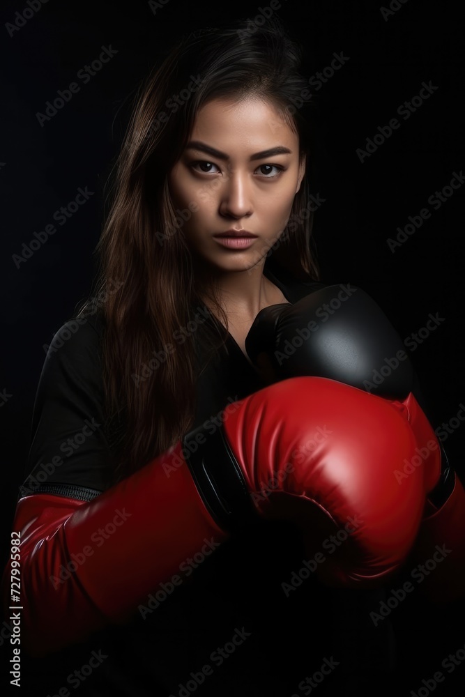Portrait of a confident young female boxer against a dark background.	
