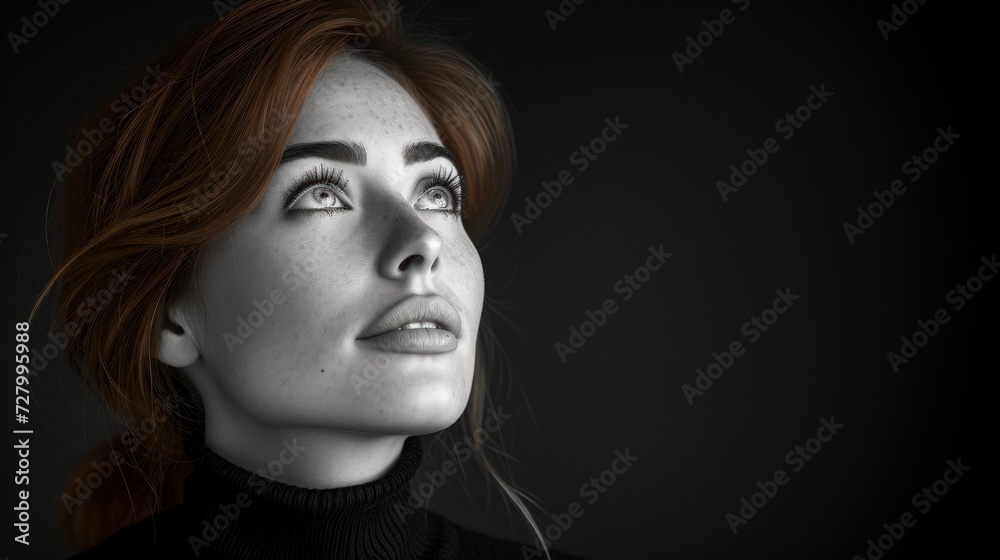 and white photo of a woman with red hair wearing turtle neck sweater and looking off into the distance. and white photo of a woman with red hair wearing turtle neck sweater and looking off into the distance.