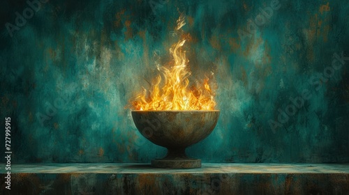 a painting of a bowl on fire in a dark room with a green wall and a blue wall behind it.