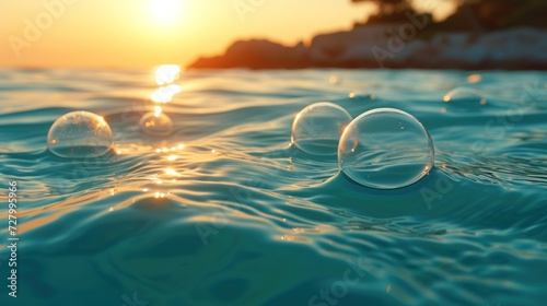 a group of bubbles floating on top in front sunset over a. photo