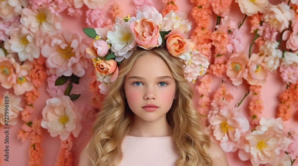portrait of a little girl wearing a wreath of flower