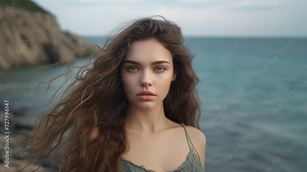 Portrait of casual young woman with sea and beach
