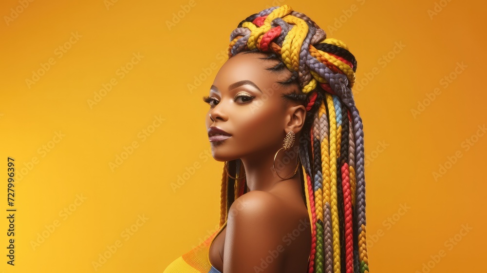 Pretty Afro-American woman with colorful braids on a color background Pretty Afro-American woman with colorful braids on a color background
