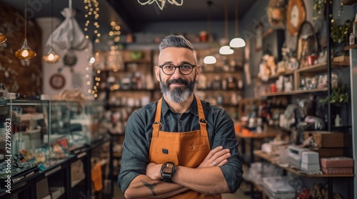 Happy middle-aged man, successful owner of a small business, smiling at camera