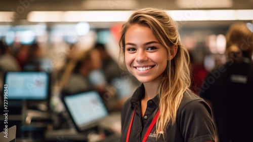 Portrait of a young female cashier at a supermarket photo