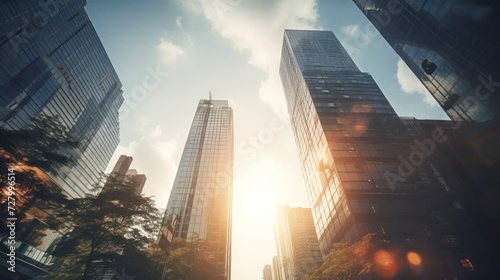 The suns rays illuminate the urban landscape as it shines through towering buildings