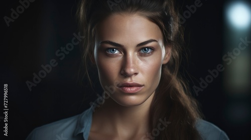 A woman with long hair and blue eyes poses for a photo, showcasing her striking features