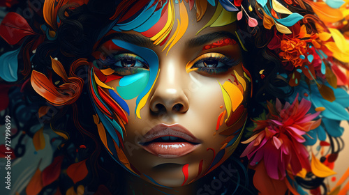 Woman with Vibrant Floral and Abstract Face Art
