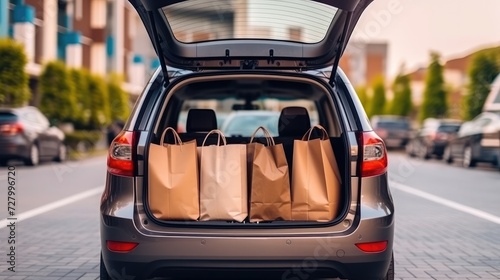 shopping bags in car trunk at mall parking