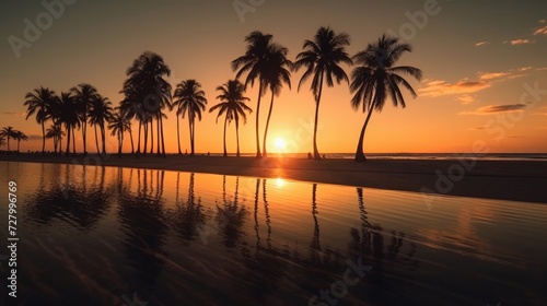 Piękna tropikalna plaża z palmami sylwetki o zmierzchu.