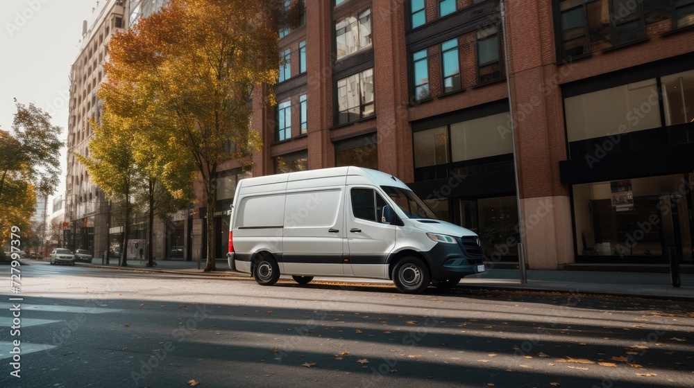White delivery van side view on city street background, concept of logistics, food merchandise commercial delivery or post service, banner with copy space 
