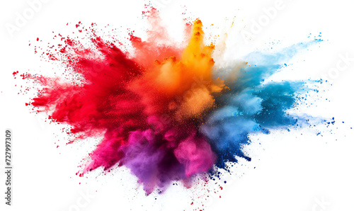 Freeze motion of splatted colored powder explosion isolated on a white background.