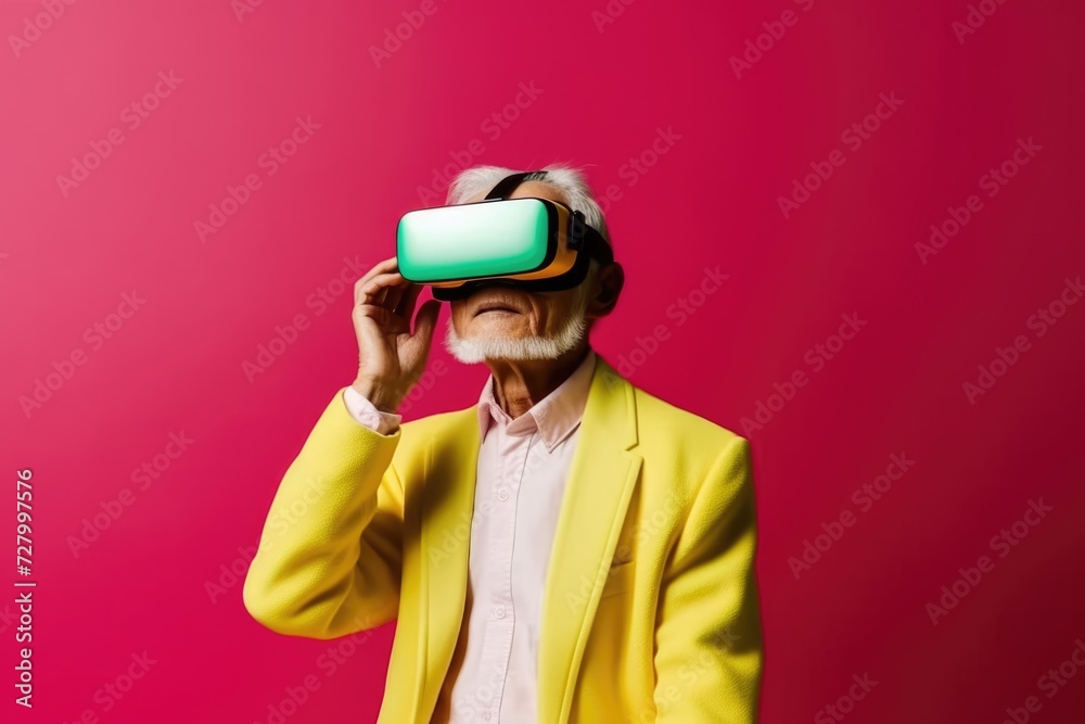 Elderly man in yellow jacket and vr headset on pink background Elderly man in yellow jacket and vr headset on pink background
