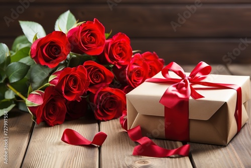 red roses and white gift box on a wooden table