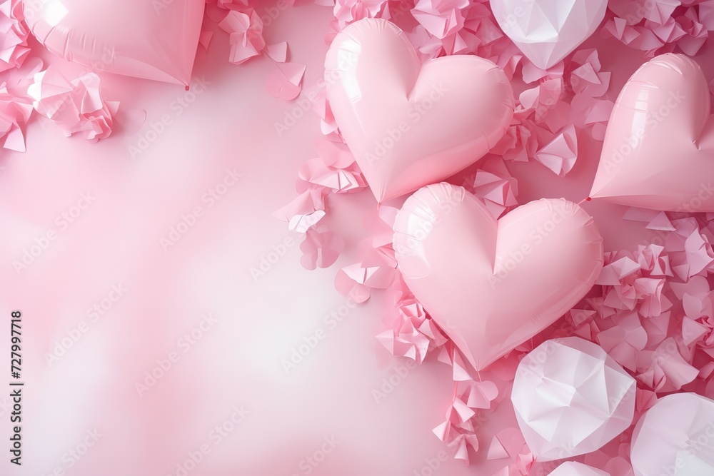 Valentine's Day background with heart paper papers and balloons and party decorations in pink tone