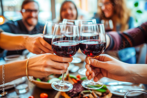 Happy friends toasting red wine glasses at dinner party