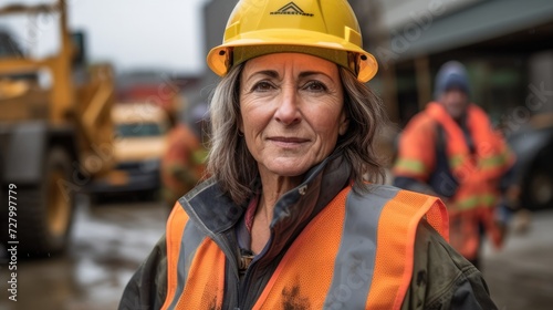 woman working on a construction site, construction hard hat and work vest, smirking, middle aged or older. 