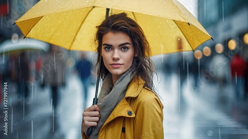 Yellow umbrella in hand of woman walking on a street