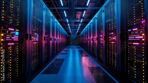 Futuristic data center with rows of illuminated high-tech server racks