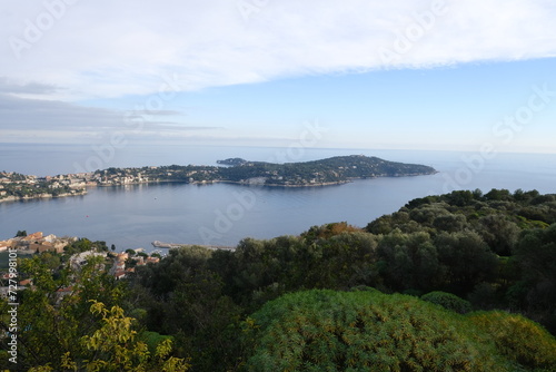 A panoramic view of Villefranche-sur-Mer and the Mediterranean sea from the Boron Mount. Nice, France, December 26, 2023.