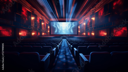 Cinema Hall Illuminated with Blue Light Featuring Rows of Red Seats and a Sci-Fi Movie on Screen