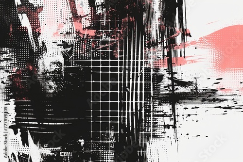 Gritty Glitch Artistry: Dive into gritty glitch art with distorted shapes, glitched textures, noise, and screen print texture in black and red photo