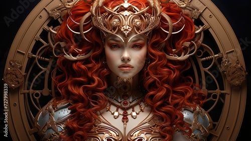 regal warrior: close-up of a woman with golden adornments and red curls photo