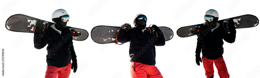 Snowboarder in black jacket and red pants with a helmet and goggles, carrying a snowboard, ready for a mountain adventure. Snowboarder in black jacket and red pants with a helmet and goggles, carrying a snowboard, ready for a mountain adventure.