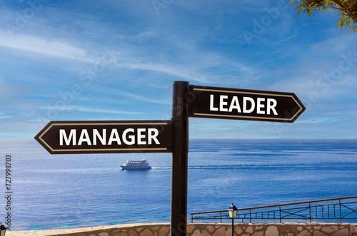 Leader or manager symbol. Concept word Leader or Manager on beautiful signpost with two arrows. Beautiful blue sea sky with clouds background. Business and leader or manager concept. Copy space.