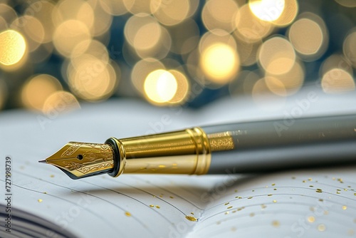 Elegant Fountain Pen Resting on an Open Notebook