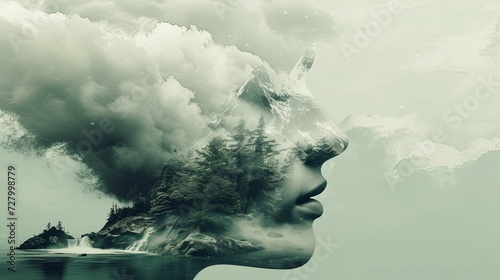 Double exposure combines a woman's face, mountains, forest and a body of water. Panoramic view. The concept of the unity of nature and man. Dream, reminisce or plan a climb. A memory of a journey. #727998779
