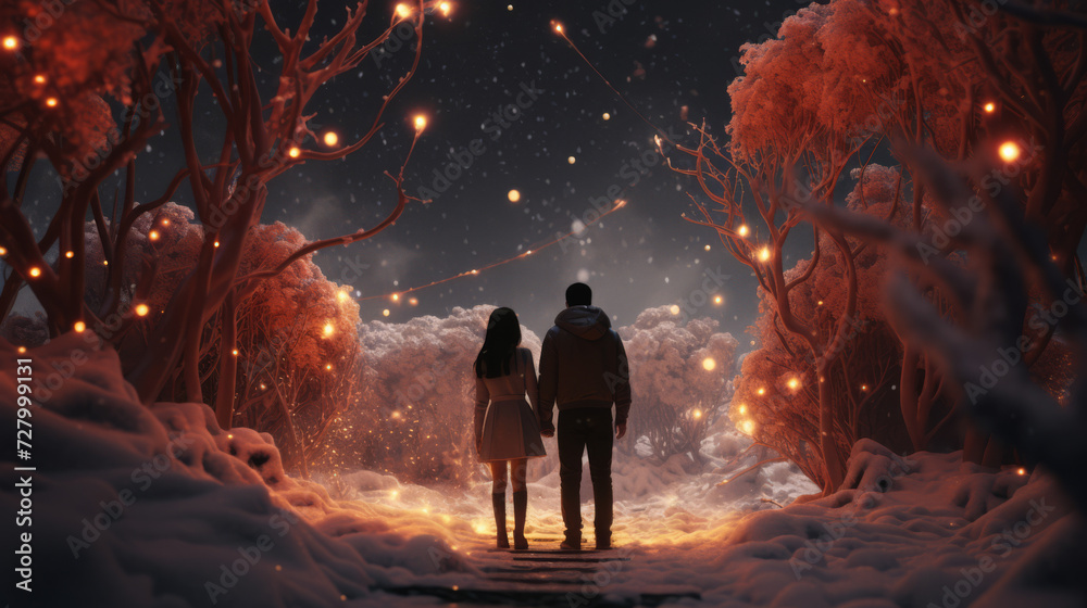 Couple Walking Hand in Hand Under a Canopy of Snow-Covered Trees Illuminated by Warm Lights