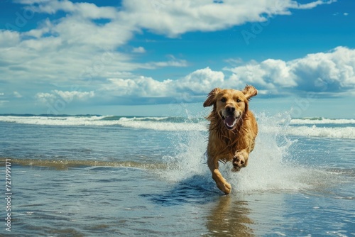 a dog running in the water on a beach with a blue sky and clouds