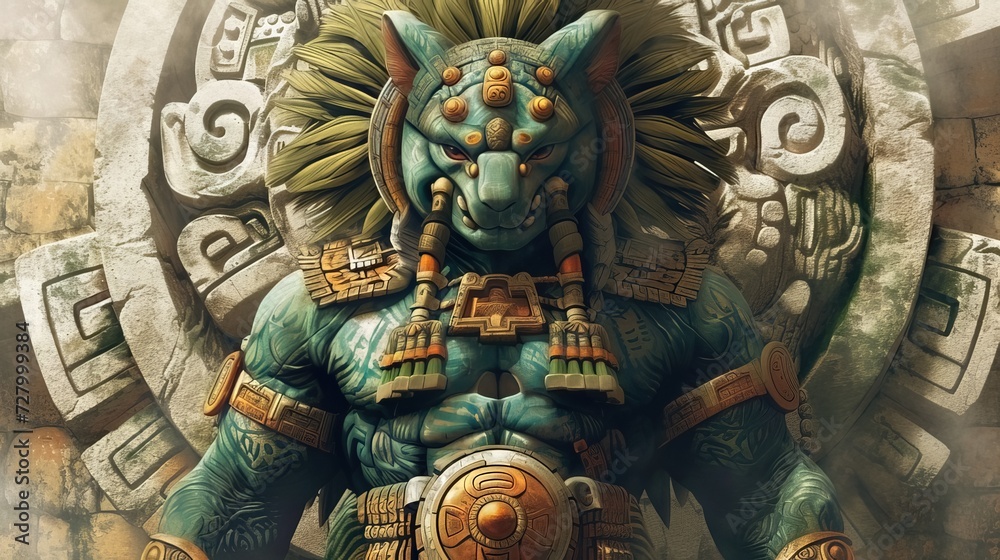 Fototapeta premium An Aztec deity is depicted in a stylized portrait, showcasing intricate geometric patterns and vibrant details