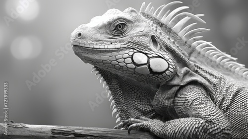 Realistic portrait of an iguana. Close-up of a large herbivorous lizard in monochrome style. Illustration for cover, card, postcard, interior design, banner, poster, brochure or presentation.