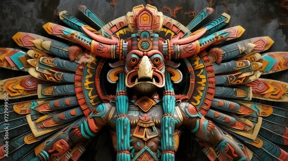 Fototapeta premium A vibrant depiction of an Aztec god is presented in a stylized portrait, featuring elaborate geometric patterns and captivating colors 