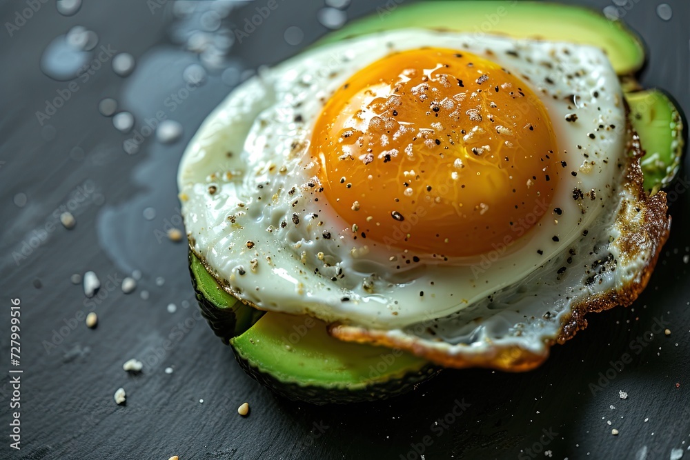 A creative shot of a fried egg on a slice of avocado, creating a vibrant contrast Avocado with fried sunny side up egg A creative shot of a fried egg on a slice of avocado, creating a vibrant contrast Avocado with fried sunny side up egg