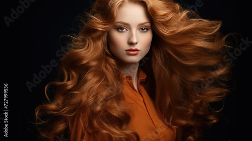 Beautiful female face with powerful silky hair and chic hairstyle done in a beauty salon. Perfect image of a beautiful red-haired woman with developing hair. Illustration for beauty magazine. © Login